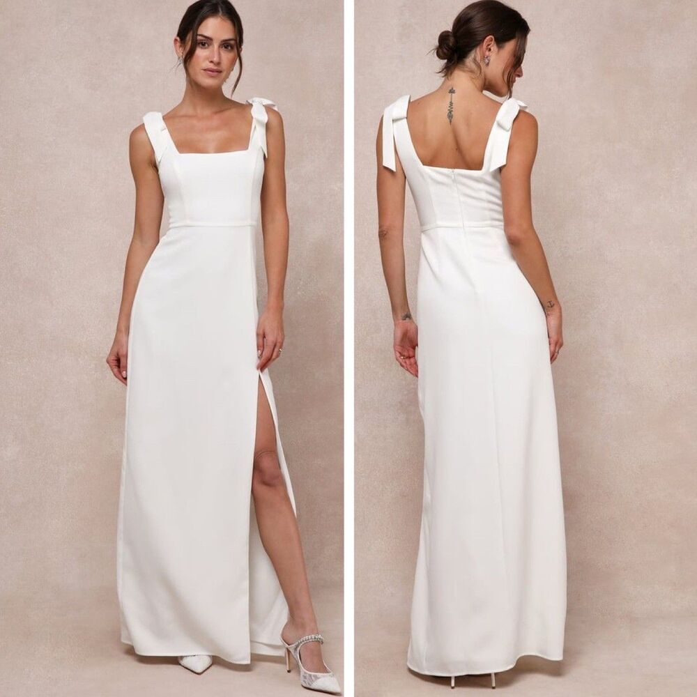 Lulus Your Sweetie White Tie-Strap Column Maxi Dress Size small Bridal Wedding